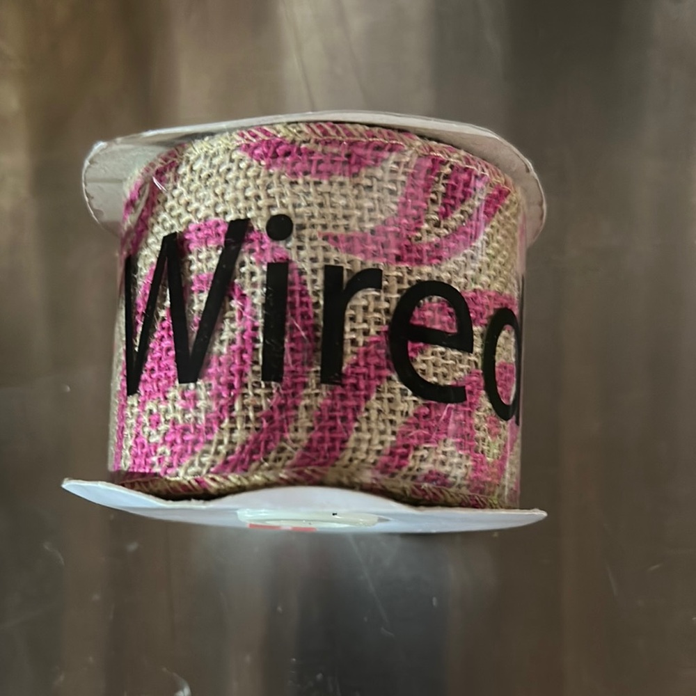 Pink and Tan Wired Burlap Ribbon